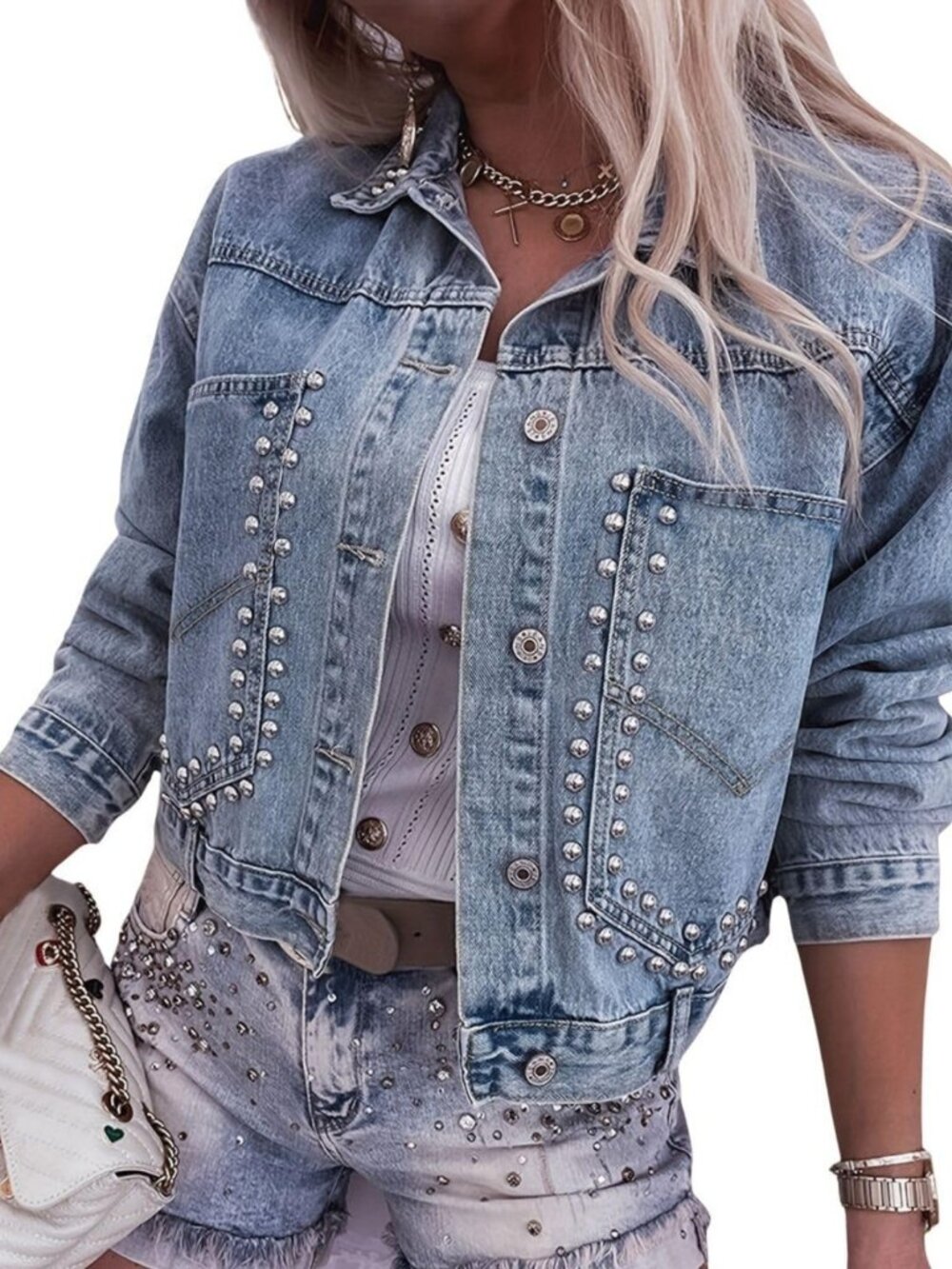 Stylish Women's Cropped Denim Jacket with Rivet Studs - Casual & Loose Fit